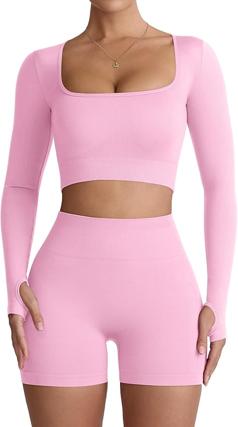 Two Piece Workout Set for Women Long Sleeve Top Matching High Waist Scrunch Butt Shorts Gym Sets Yoga Outfits Sets
