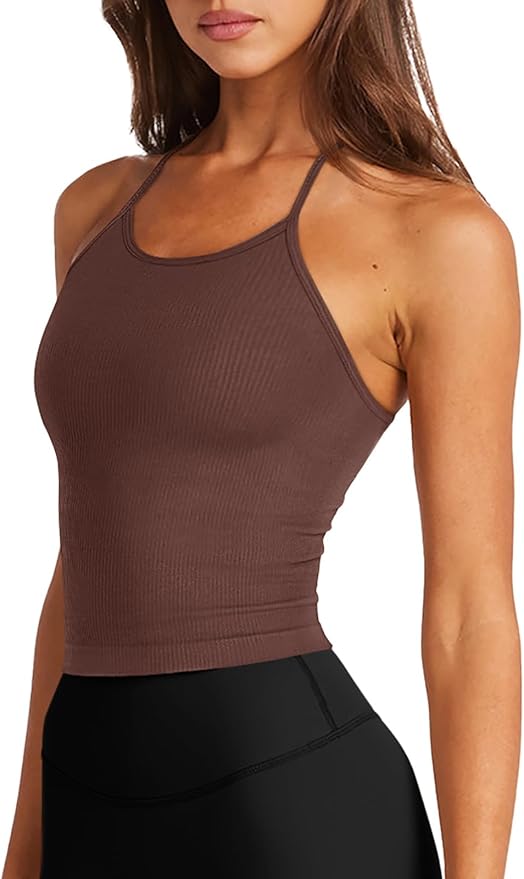 LASLULU Womens Sports Bra Seamless Long Crop Tank Racer Back Spaghetti Strap Workout Yoga Bra Padded Halter Neck Casual Tops