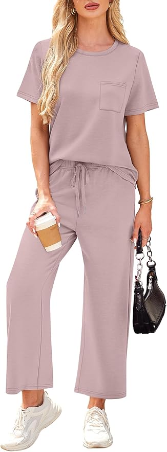 WIHOLL 2 Piece Sets for Women Casual Summer Travel Vacation Outfits Short Sleeve Wide Leg Crop Pants Lounge Sets