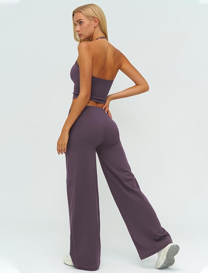 QBGJTD Womens Workout Sets Two Piece Spaghetti Straps Crop Top Matching Straight Leg Pants Gym Work Pilates Outfits