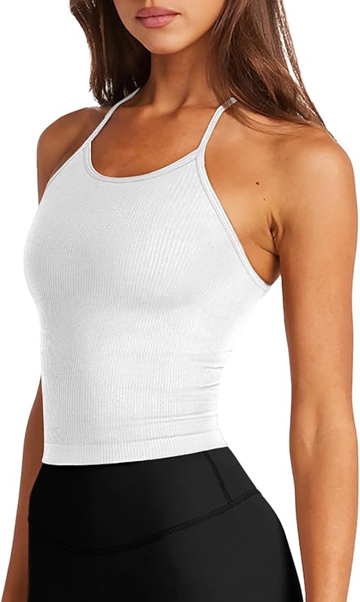 LASLULU Womens Sports Bra Seamless Long Crop Tank Racer Back Spaghetti Strap Workout Yoga Bra Padded Halter Neck Casual Tops