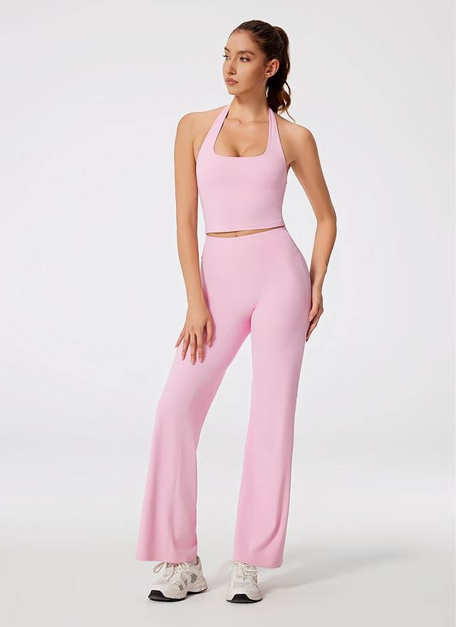 RXRXCOCO Halter Workout Sets for Women 2 Piece Padded Crop Tank Tops Straight Leg Yoga Pants Outfits with Hidden Pocket