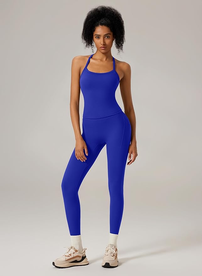RXRXCOCO Cross Back Workout Sets for Women 2 Piece Padded Tank Tops Hidden Scrunch Leggings Gym Outfits with Pockets