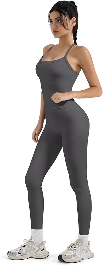 SUUKSESS Women 2 Piece Workout Sets Compression Tummy Control Leggings with Pockets Halter Built in Bra Tank Tops