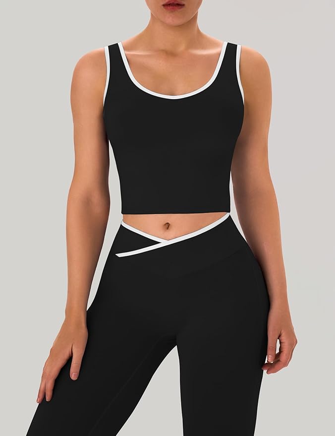 OLCHEE Womens Workout Sets 2 Piece Gym Yoga Outfits Crossover Flare Leggings Crop Tank Top with Contrast Trim