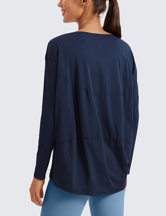 CRZ YOGA Pima Cotton Boat Neck Long Sleeve Shirts for Women - Workout Athletic Yoga Casual Tops Loose Fit Fall T-Shirts