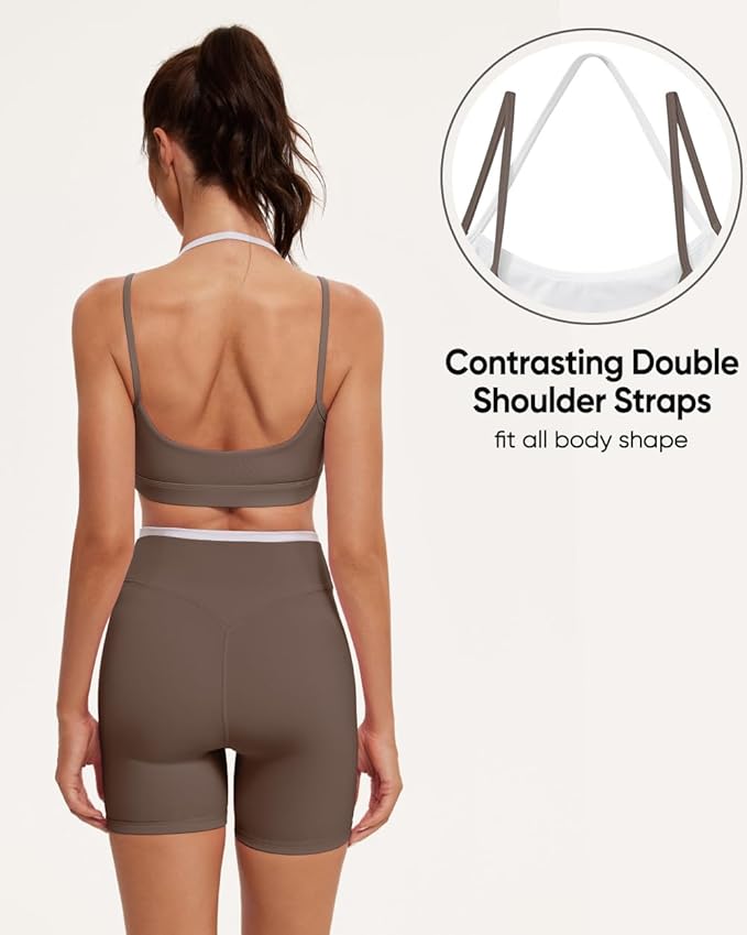 OMKAGI Workout Sets for Women Cute Doubel Layer Open Back Sports Bras Gym Shorts Outfits