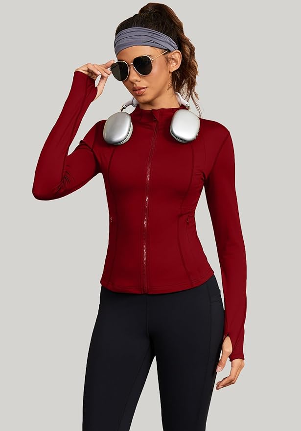 Bosmeer Workout Jackets for Women Lightweight Zip Up Slim Fit Yoga Sportwear Stretchy Crooped Running Jacket with Thumb Holes