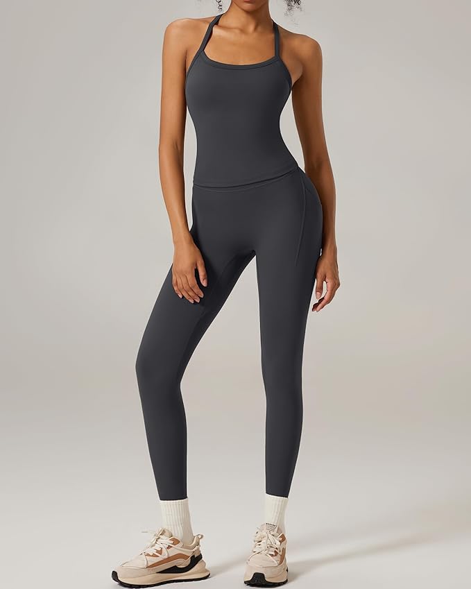 RXRXCOCO Cross Back Workout Sets for Women 2 Piece Padded Tank Tops Hidden Scrunch Leggings Gym Outfits with Pockets