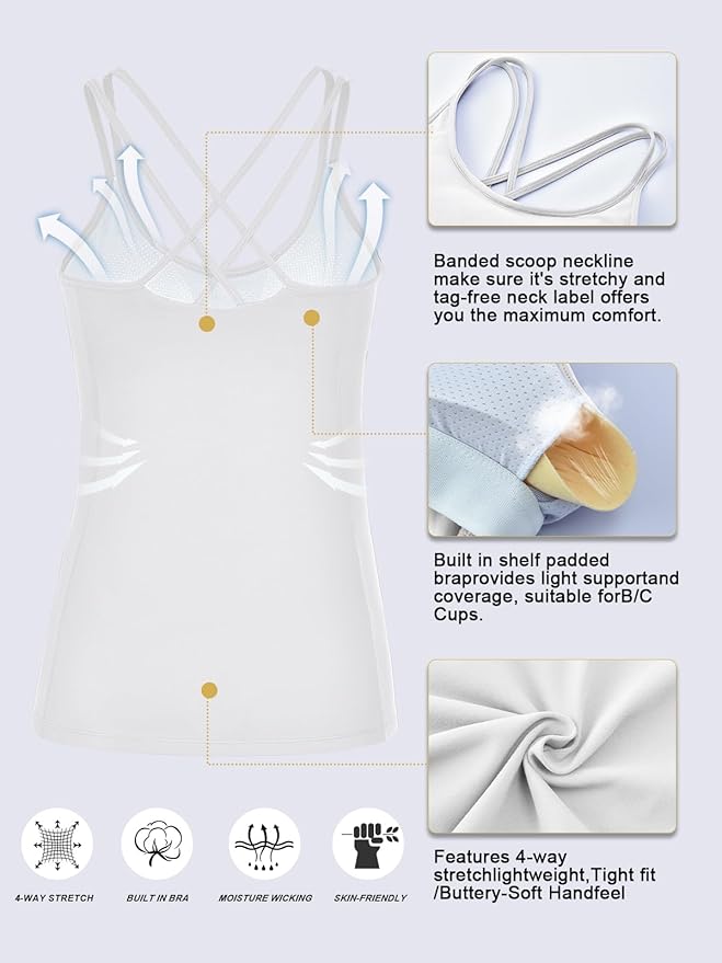 RUNNING GIRL Yoga Tank Tops for Women Built in Shelf Bra B/C Cups Strappy Back Activewear Workout Compression Tops