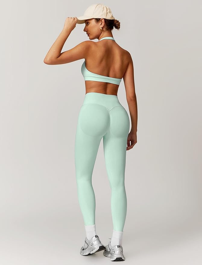 ABOCIW Workout Sets for Women Seamless Scunch Butt Lifting Impact Leggings Halter Sports Bra 2 Piece Gym Outfits