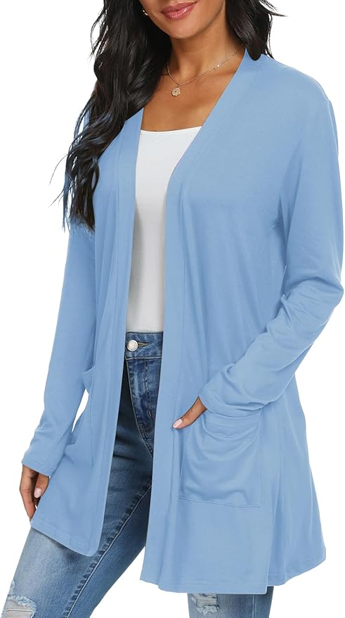 Womens Casual Lightweight with Pocketes Long Sleeve Open Front Cardigan