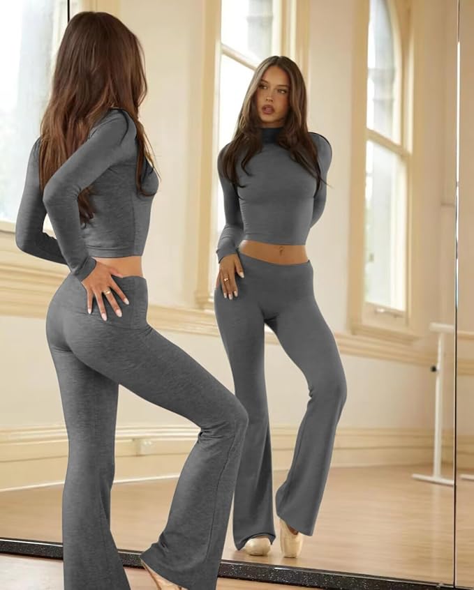 ZFLM Casual Workout Two Piece Outfits Long Sleeve High Waist Fold-Over Flared Leggings Pants Tracksuit Sets Streetwear