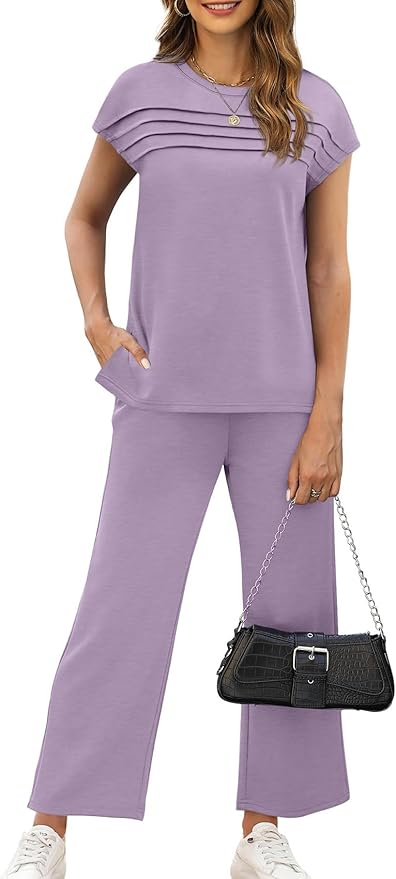 WIHOLL Two Piece Sets for Women Summer Spring Travel Vacation Outfits Cap Sleeve Lounge Matching Sets Wide Leg Pants S-3XL