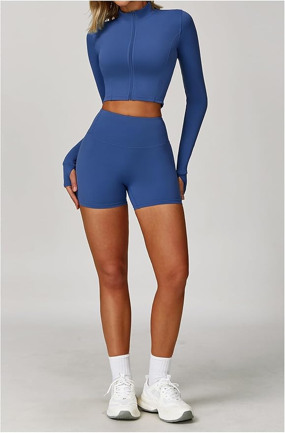 Yknktstc Womens Full Zip Athletic Jacket with Thumbhole Long Sleeve Crop Top Running Workout Yoga Sportswear Shirt