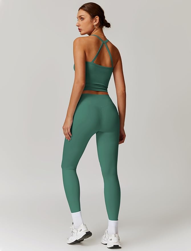 QBGJTD Womens Workout Sets Two Piece Cross Back Tank Top Matching High Waist Leggings Sets Gym Outfits Work Out Clothes