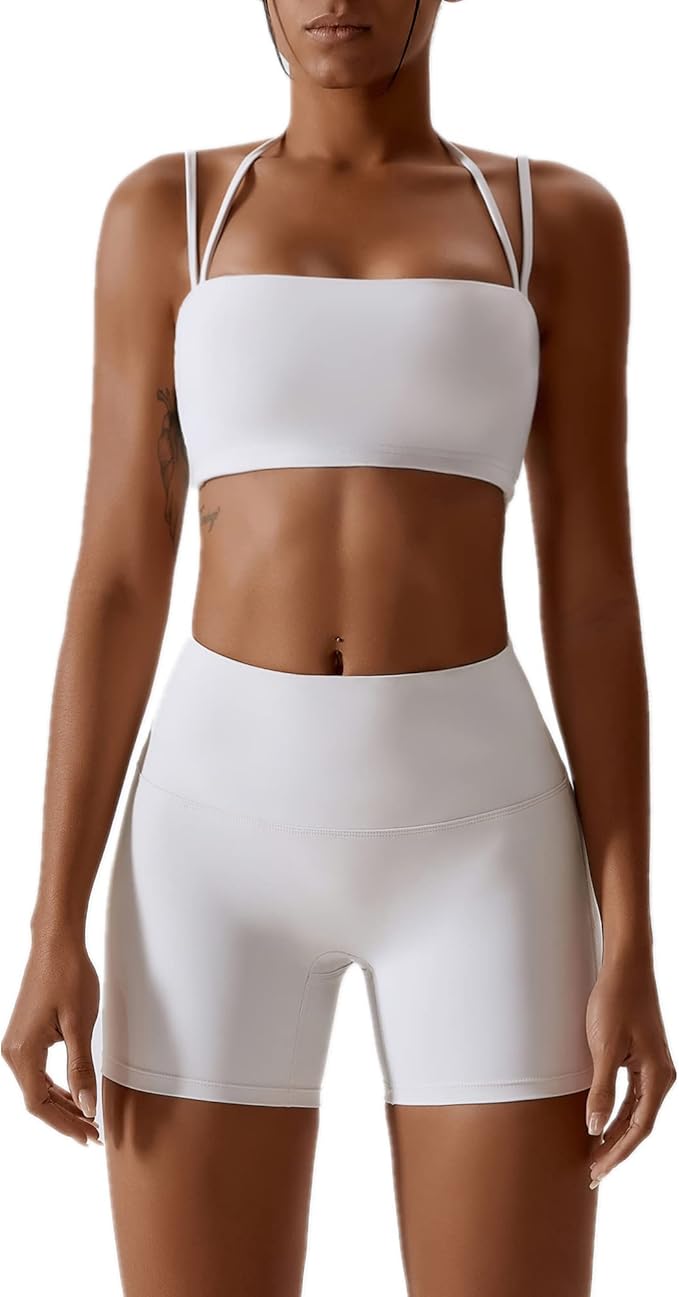 ABOCIW Workout Sets for Women 2 Piece Twist Front Halter Sports Bras High Waist Biker Shorts Exercise Gym Yoga Outfit
