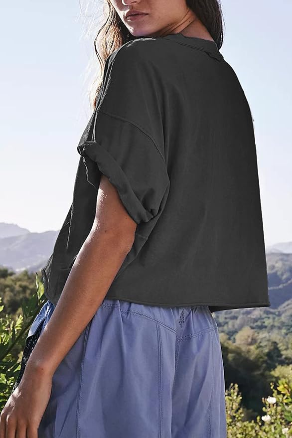 Women's Oversize Workout Crop Tops Casual Short Sleeve Drop Shoulder Boxy T-Shirts Roll Hem Basic Loose Yoga Running Tees