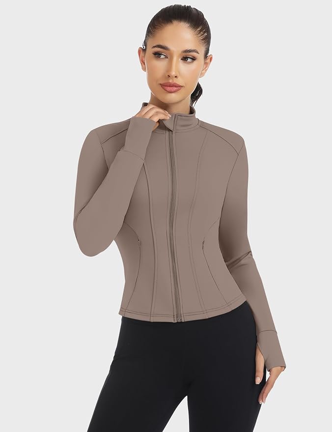 Loovoo Women's Workout Jacket Lightweight Zip Up Athletic Jackets Cropped Slim Fit Running Yoga Tops with Pockets