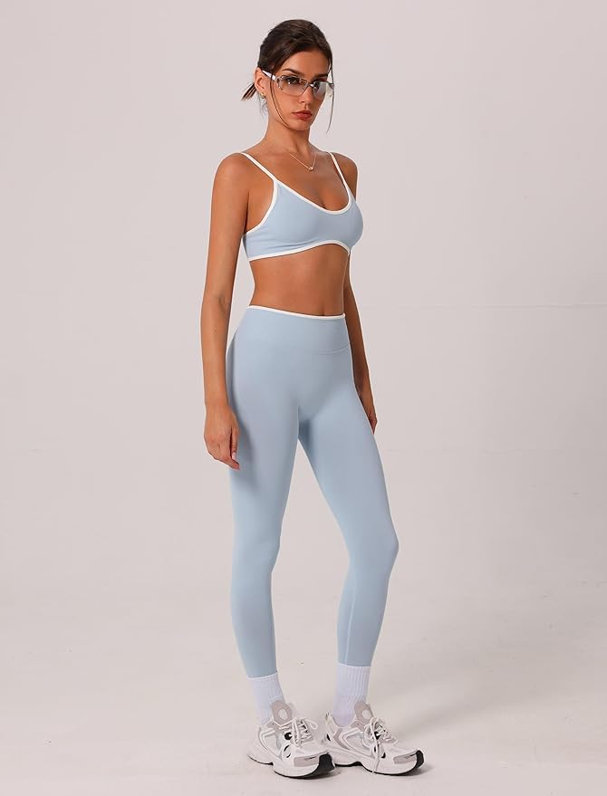 ABOCIW Womens 2 Piece Workout Sets Seamless Color Block Sports Bra Scrunch Butt Lifting High Waist Leggings Gym Set