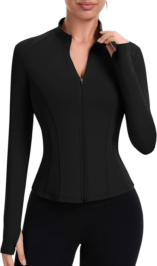ZHENWEI Workout Jackets for Women Full Zip Up Cropped Athletic Long Sleeve Lightweight Slim Fit Running Tops with Pockets