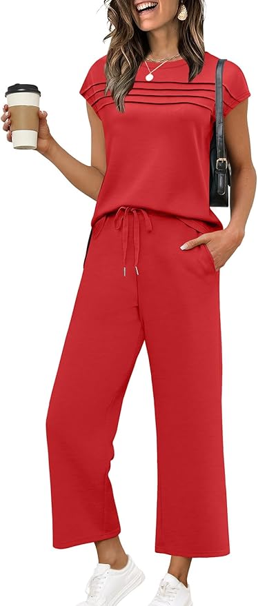 WIHOLL Two Piece Sets for Women Summer Spring Travel Vacation Outfits Cap Sleeve Lounge Matching Sets Wide Leg Pants S-3XL