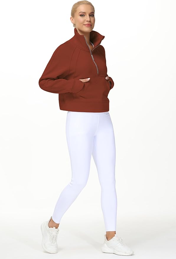 THE GYM PEOPLE Womens' Half Zip Pullover Fleece Stand Collar Crop Sweatshirt with Pockets Thumb Hole