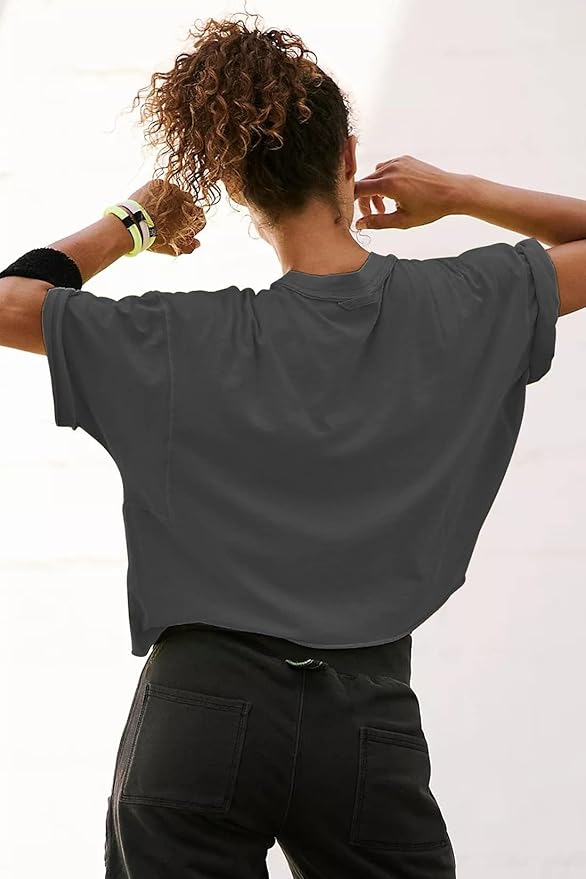 Women's Oversize Workout Crop Tops Casual Short Sleeve Drop Shoulder Boxy T-Shirts Roll Hem Basic Loose Yoga Running Tees