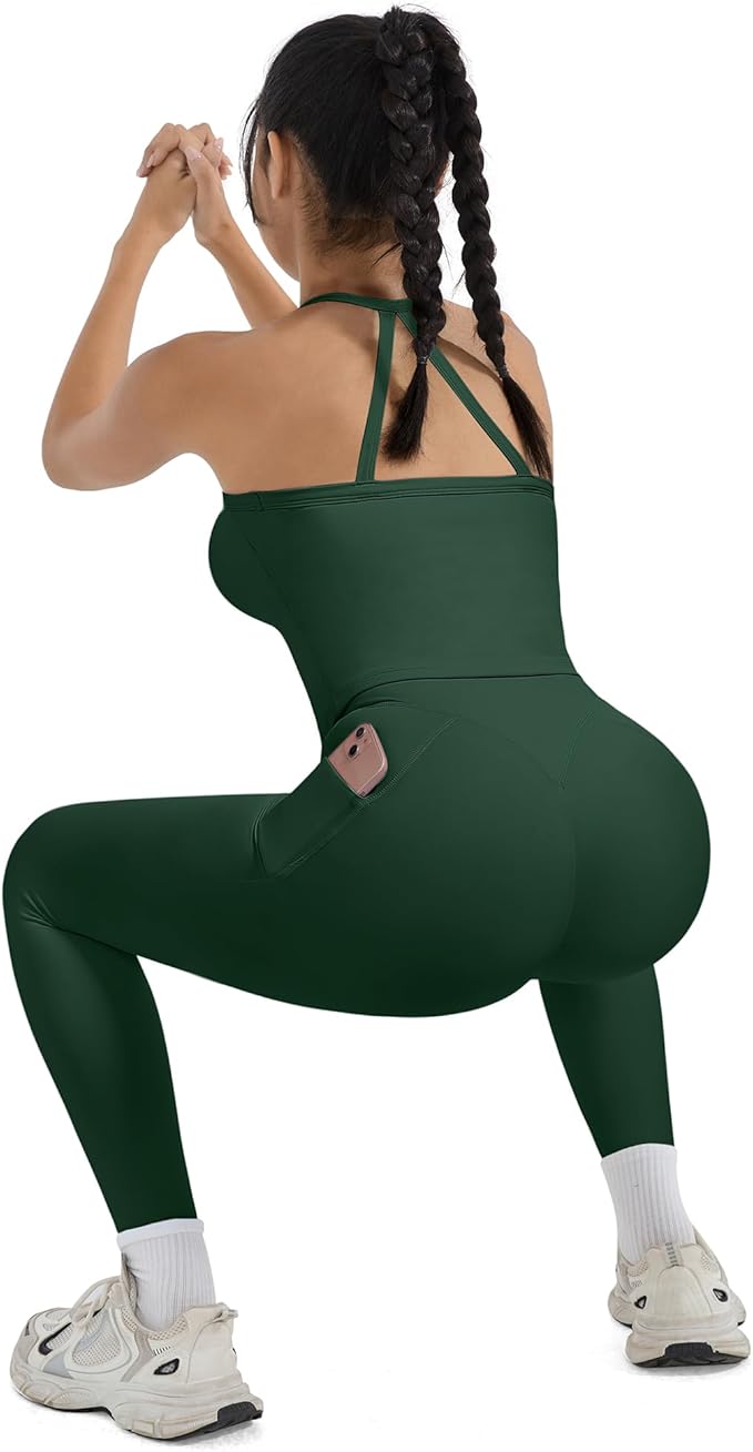 SUUKSESS Women 2 Piece Workout Sets Compression Tummy Control Leggings with Pockets Halter Built in Bra Tank Tops