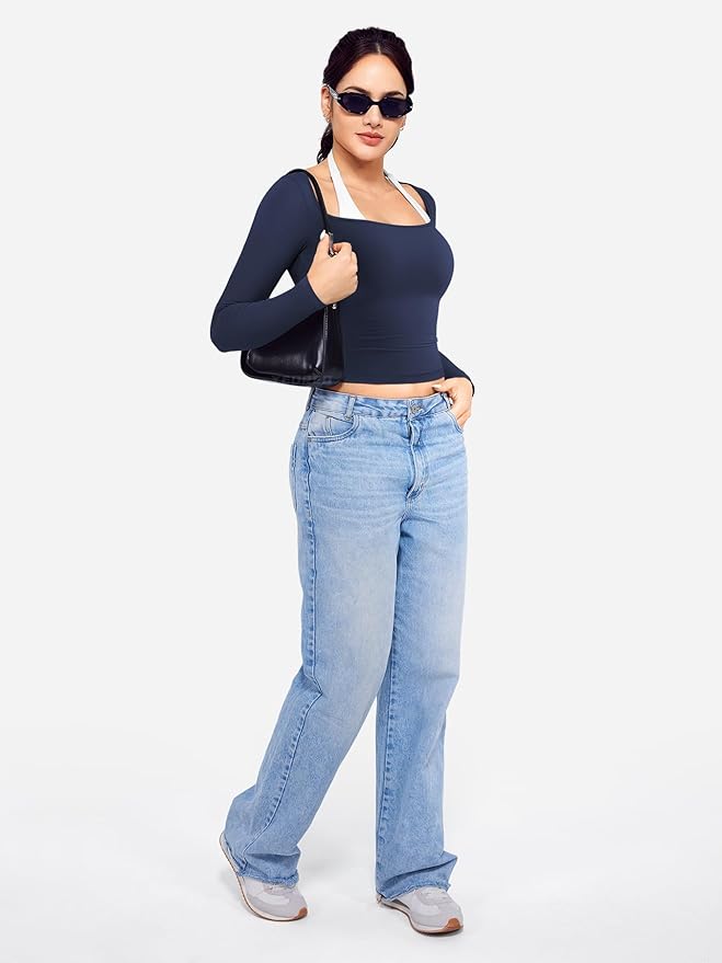 YEOREO Long Sleeve Workout Tops for Women Square Neck Slim Fitted Double Lined Compression Shirt Basic Casual Gym Yoga Tops