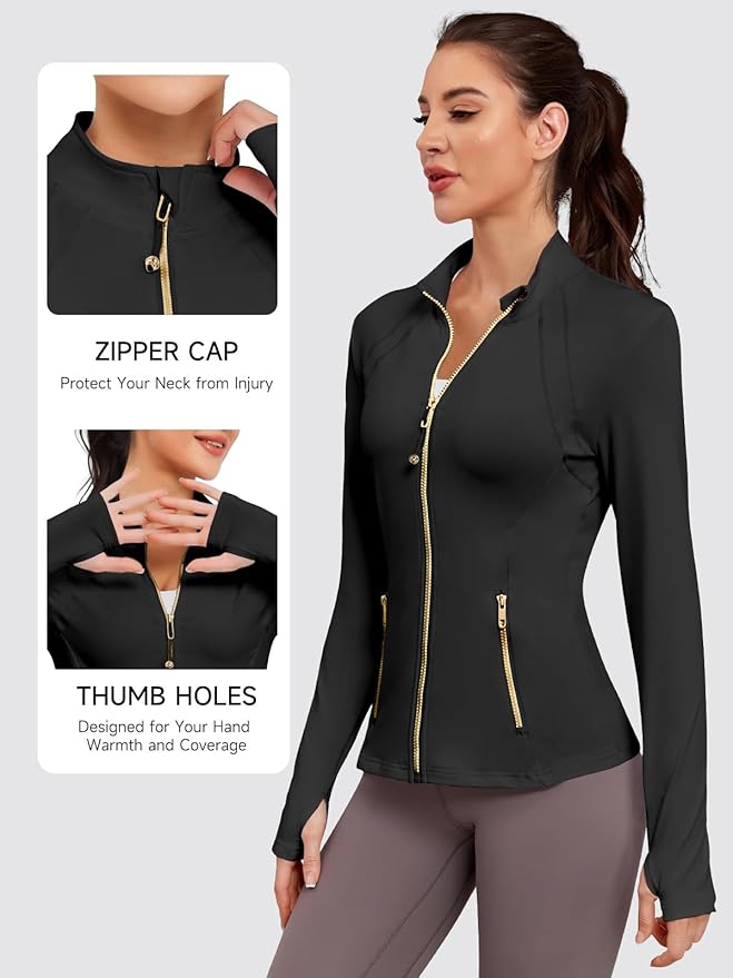 VUTRU Women Athletic Jacket Fitted Workout Running Zip Up Track Coat Layer with Thumb Holes Pockets for Yoga Gym Travel