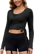 Perfashion Women Ballet Wrap Top Pilates Yoga Long Sleeve Workout Tie Tops Y2K Dance Shirt Blouses