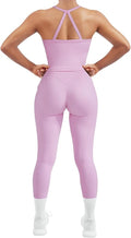 SUUKSESS Women 2 Piece Workout Sets Compression Tummy Control Leggings with Pockets Halter Built in Bra Tank Tops