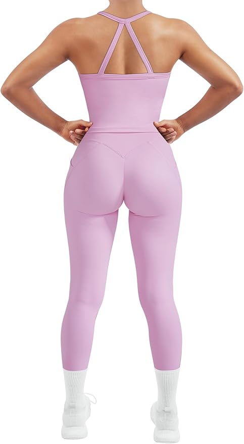 SUUKSESS Women 2 Piece Workout Sets Compression Tummy Control Leggings with Pockets Halter Built in Bra Tank Tops