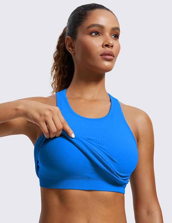 CRZ YOGA Seamless Ribbed High Neck Crop Tank Tops for Women - Longline Racerback Padded Sports Bras