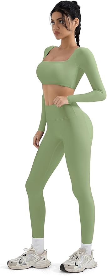 SUUKSESS Women 2 Piece Workout Sets Compression Tummy Control Leggings with Pockets Long Sleeve Square Neck Padded Crop Tops