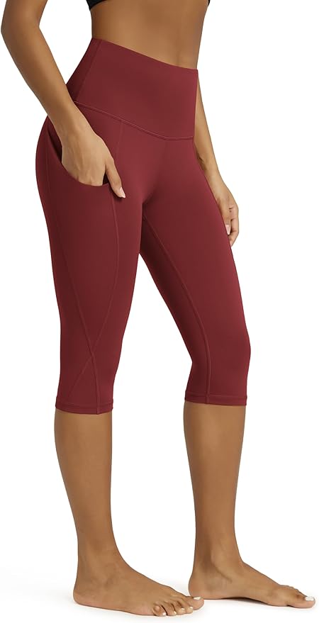 ODODOS Women's High Waisted Yoga Capris with Pockets, Tummy Control Non See Through Workout Athletic Running Capri Leggings