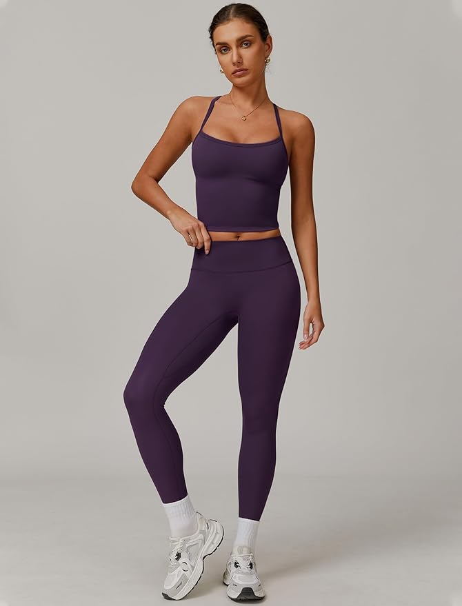 QBGJTD Womens Workout Sets Two Piece Cross Back Tank Top Matching High Waist Leggings Sets Gym Outfits Work Out Clothes