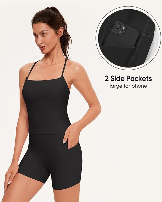 OMKAGI Workout Sets for Women Cute Spaghetti Strap Tank Tops Booty Shorts Outfits with Pockets