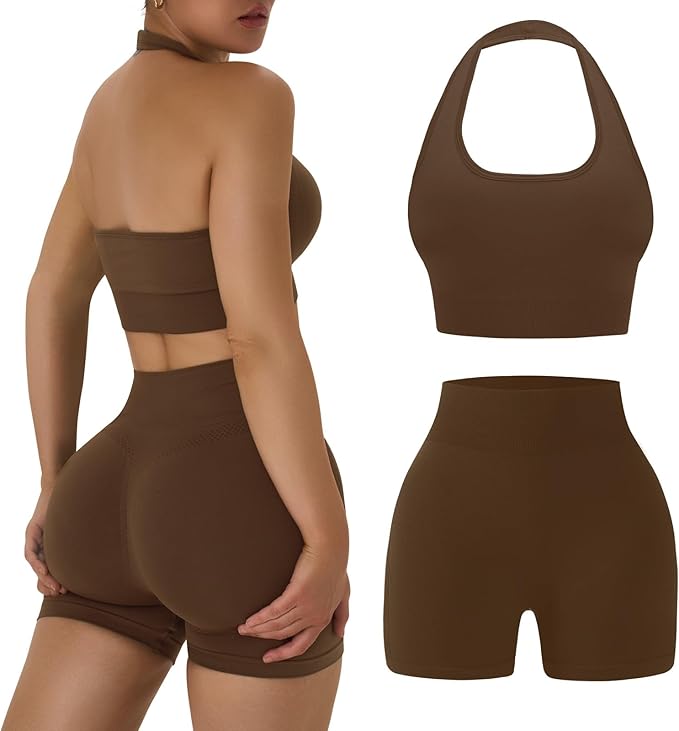 OLCHEE Workout Sets for Women 2 Piece Backless Halter Sports Bra High Waist Booty Shorts Yoga Gym Outfits Lounge Activewear