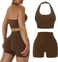 OLCHEE Workout Sets for Women 2 Piece Backless Halter Sports Bra High Waist Booty Shorts Yoga Gym Outfits Lounge Activewear
