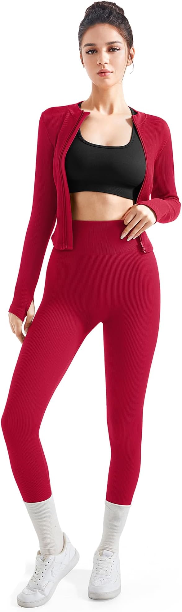 SUUKSESS Women 2 Piece Seamless Ribbed Workout Sets With Zip Up Jacket High Waisted Gym Yoga Leggings