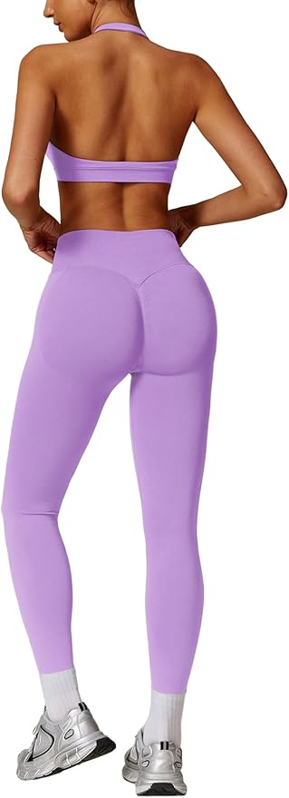 ABOCIW Workout Sets for Women Seamless Scunch Butt Lifting Impact Leggings Halter Sports Bra 2 Piece Gym Outfits