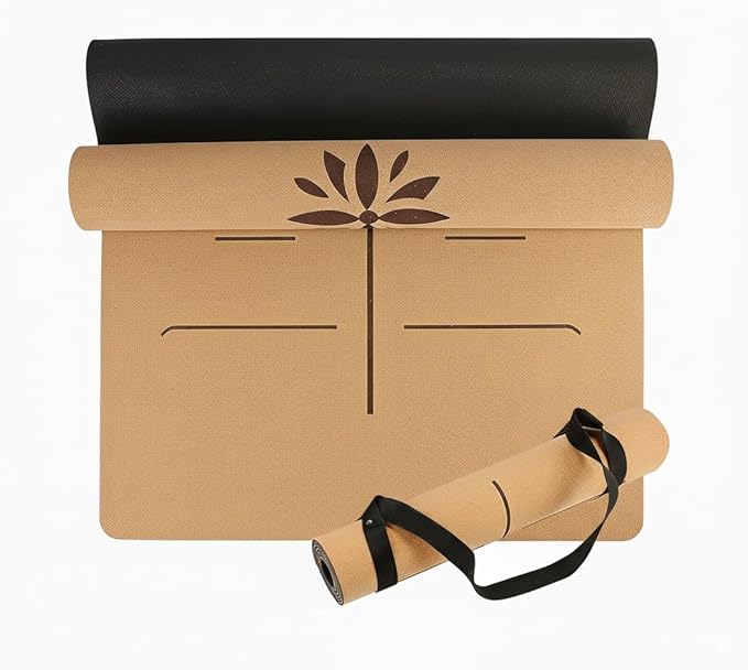 Premium Cork Yoga Mat | Extra-Large 5mm Thick Mat with Natural Tree Rubber Base | Non-Slip Surface with Alignment Lines for Posture Support | Eco-Friendly, Durable & Comfortable for All Yoga Practices