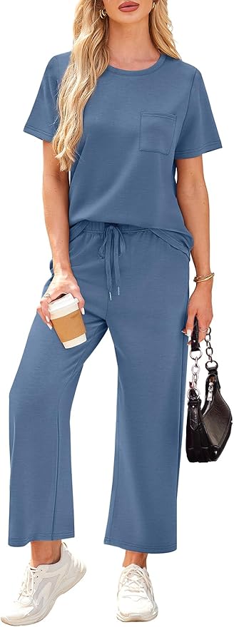 WIHOLL 2 Piece Sets for Women Casual Summer Travel Vacation Outfits Short Sleeve Wide Leg Crop Pants Lounge Sets