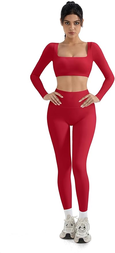 SUUKSESS Women 2 Piece Workout Sets Compression Tummy Control Leggings with Pockets Long Sleeve Square Neck Padded Crop Tops