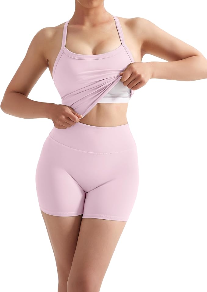 SUUKSESS Women 2 Piece Workout Sets High Waisted Tummy Control Biker Shorts Halter Padded Tank Tops