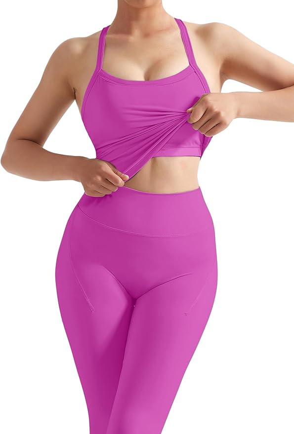 SUUKSESS Women 2 Piece Workout Sets Compression Tummy Control Leggings with Pockets Halter Built in Bra Tank Tops