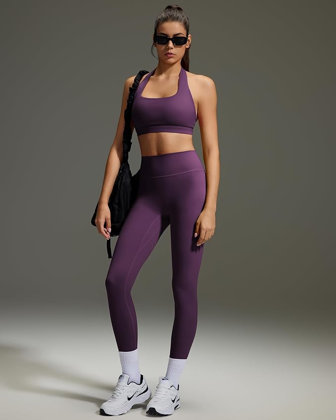 OMKAGI 2 Piece Workout Sets for Women Halter Sports Bras Gym Sets Booty Leggings Outfits