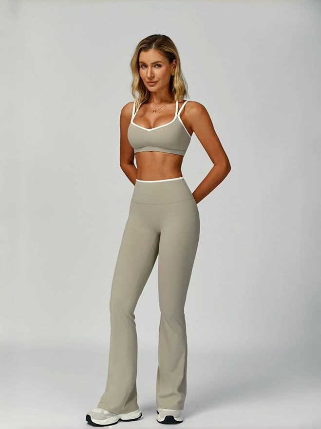 ABOCIW Workout Sets for Women 2 Piece Color Block Strappy Sports Bra High Waist Flare Leggings Gym Yoga Pilates Outfits